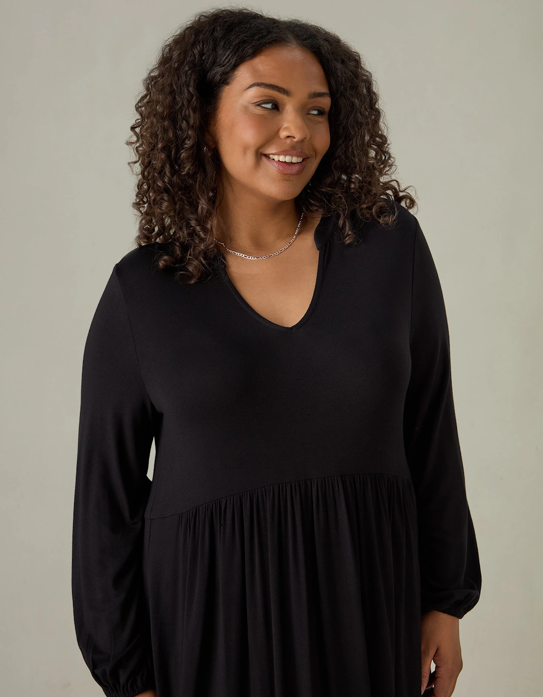 Black Jersey Nehru Collar Midi Dress