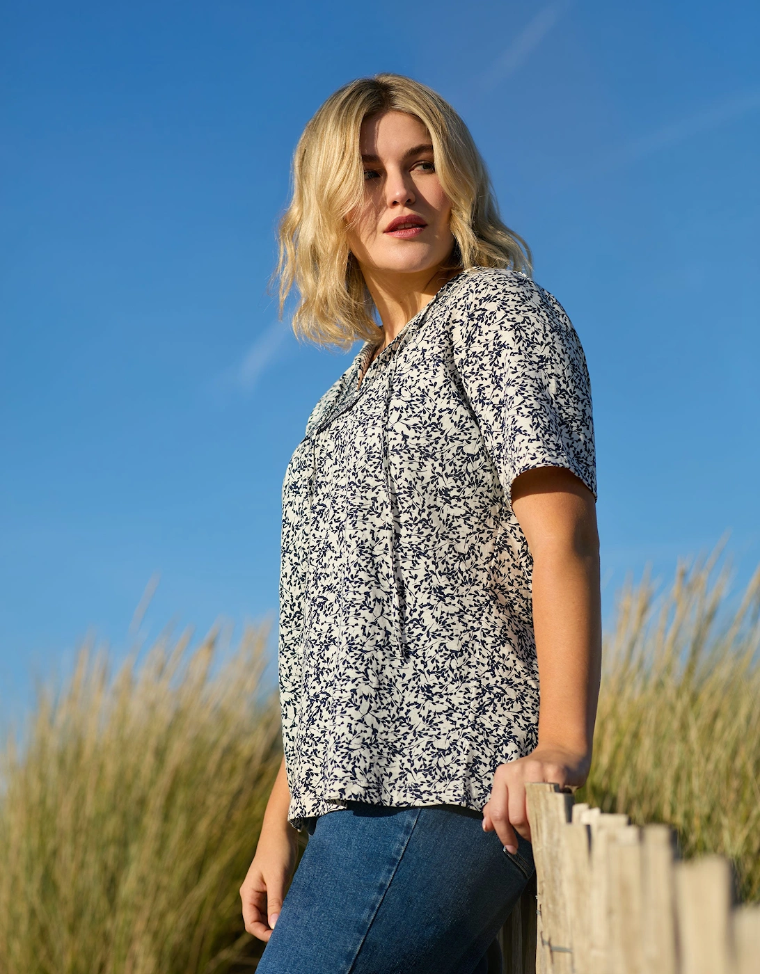 Navy Print Cotton Slub Bib Tunic