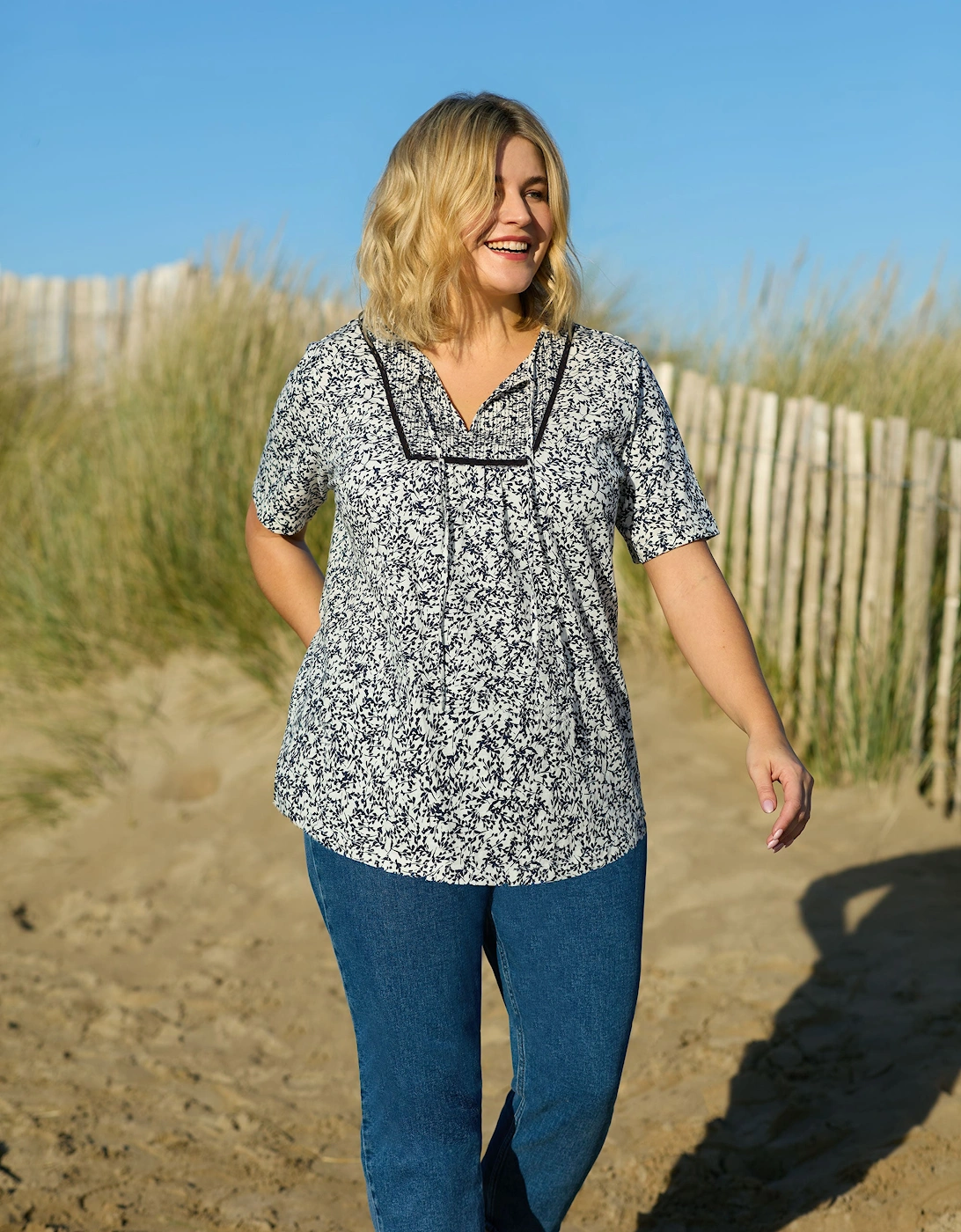 Navy Print Cotton Slub Bib Tunic