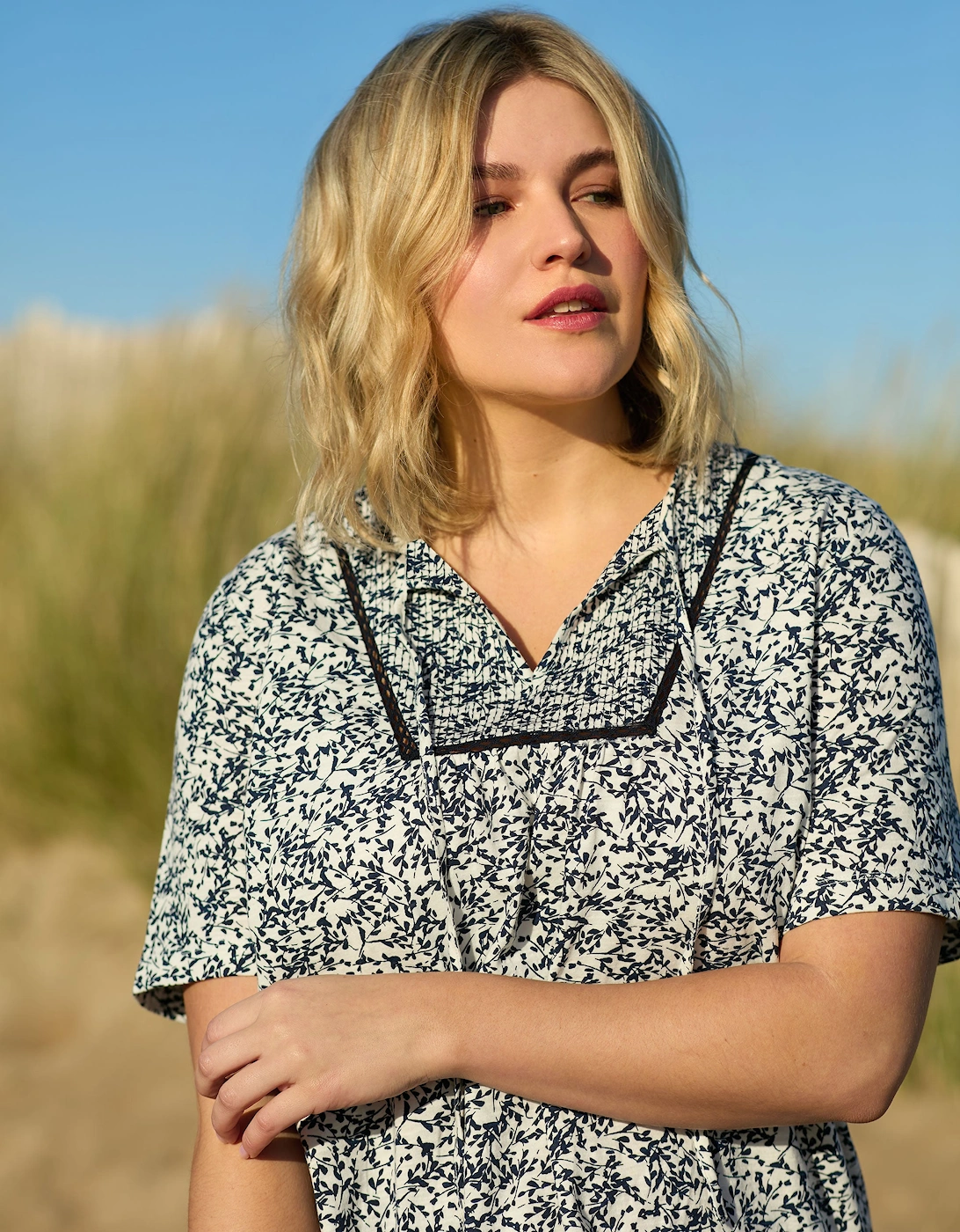 Navy Print Cotton Slub Bib Tunic