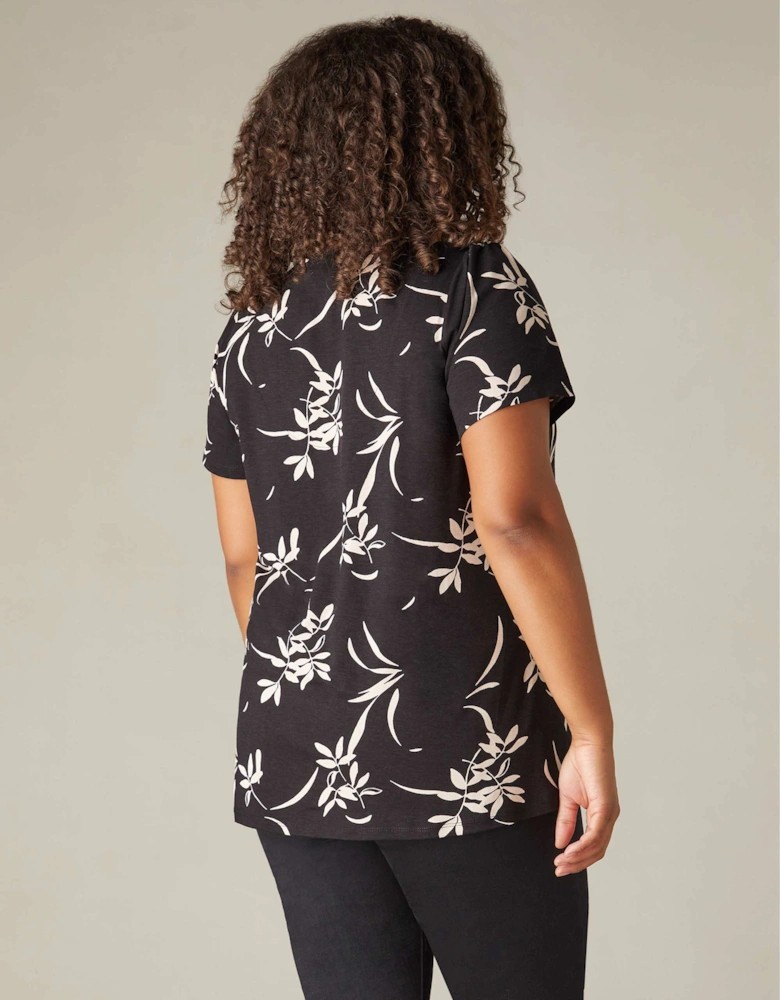 Mono Floral Print Jersey Tie Front Top