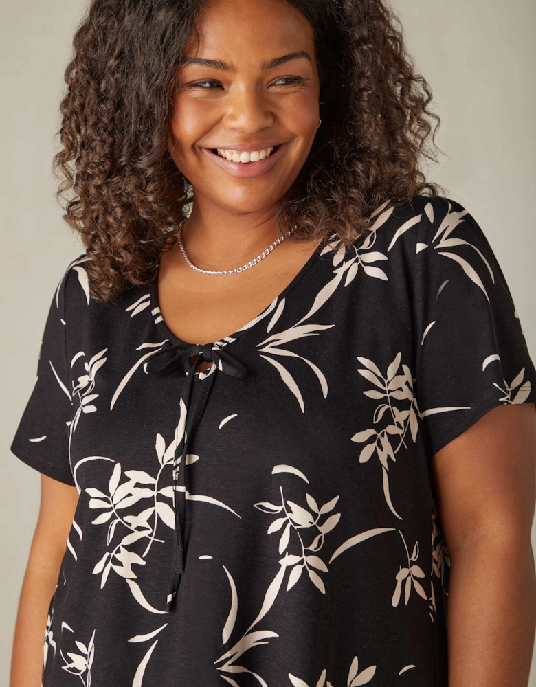 Mono Floral Print Jersey Tie Front Top