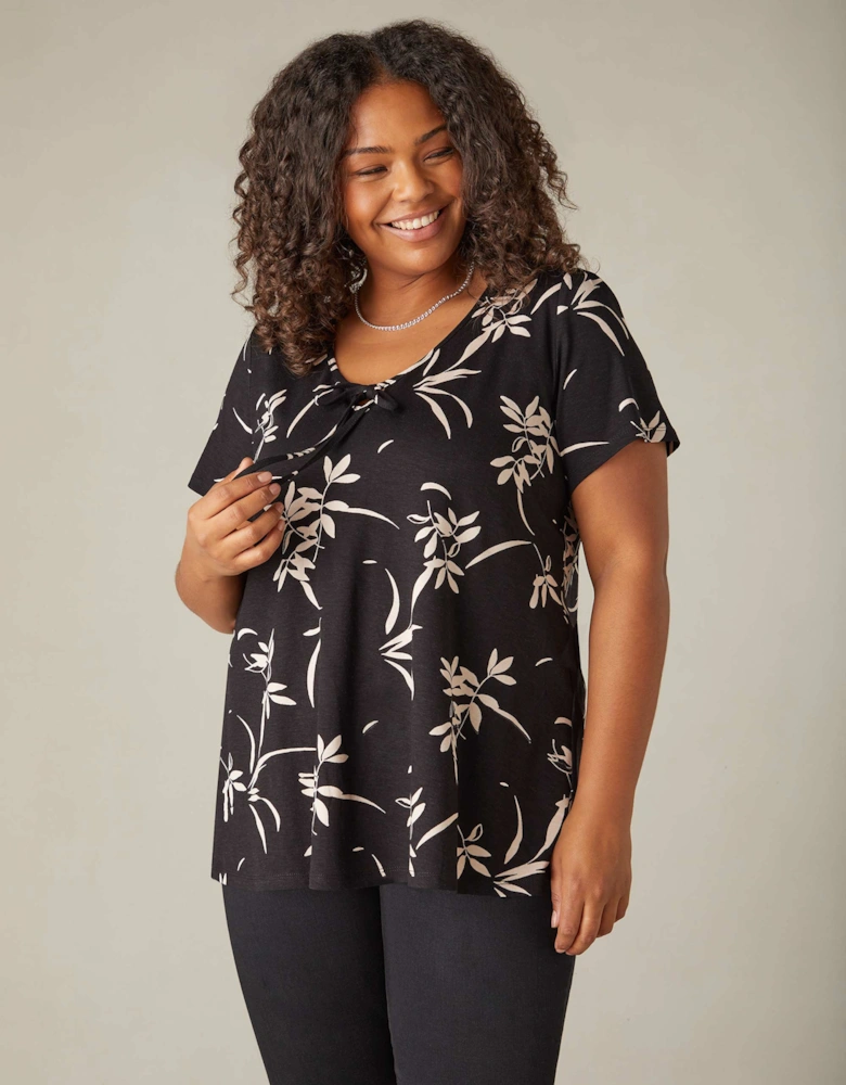 Mono Floral Print Jersey Tie Front Top