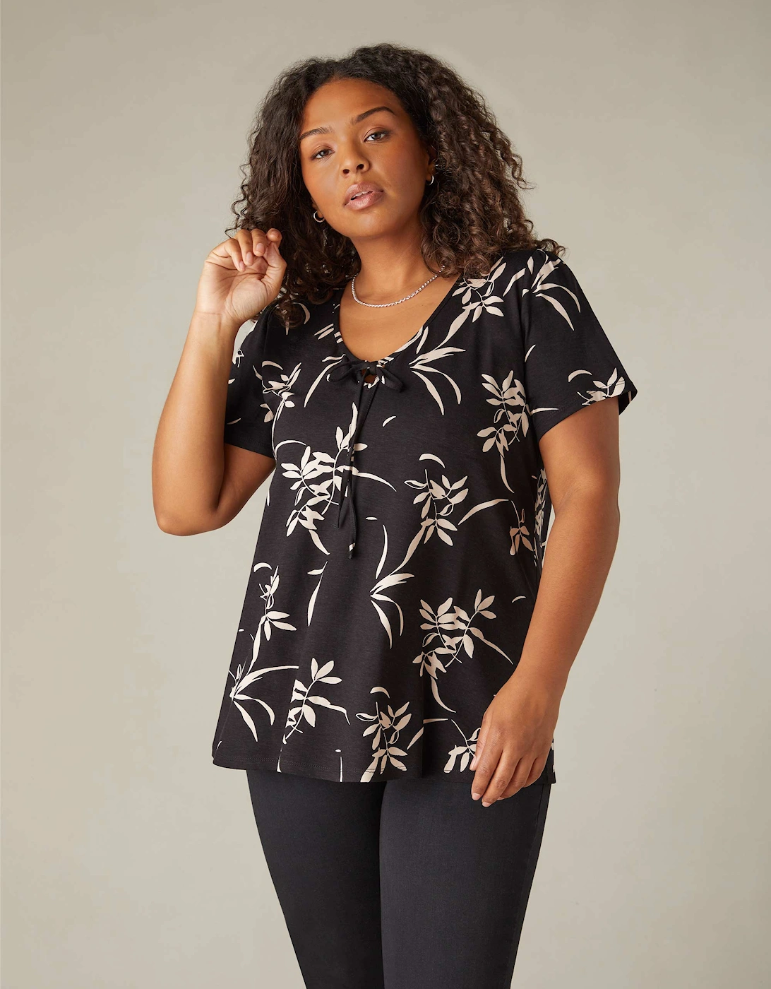 Mono Floral Print Jersey Tie Front Top