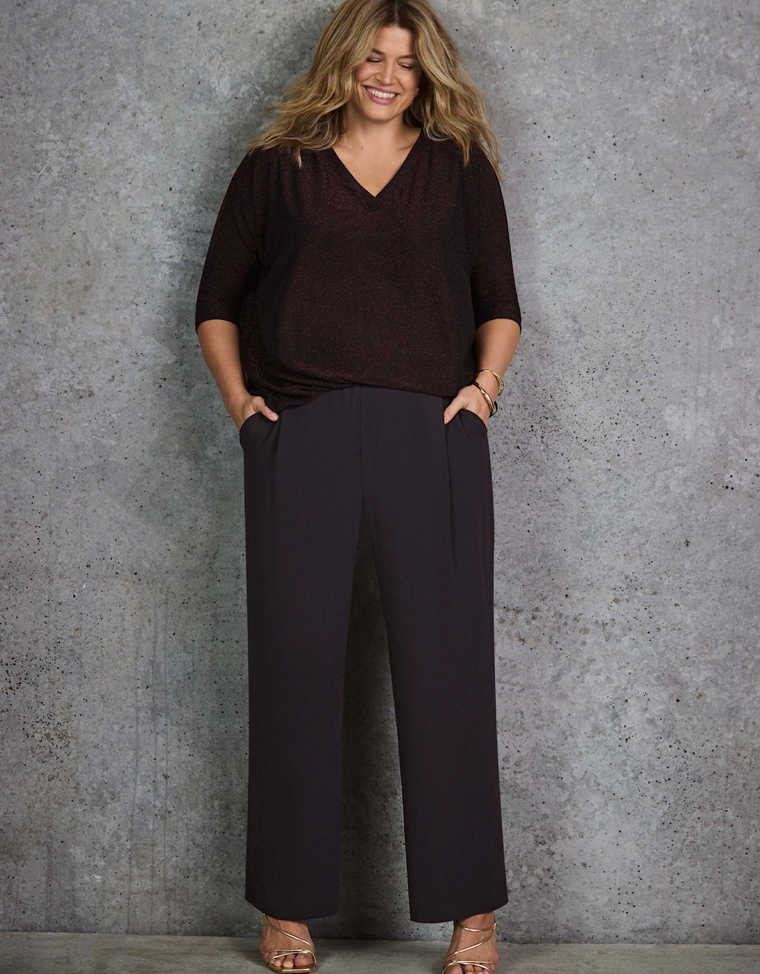 Bronze Sparkle Jersey V Neck Top
