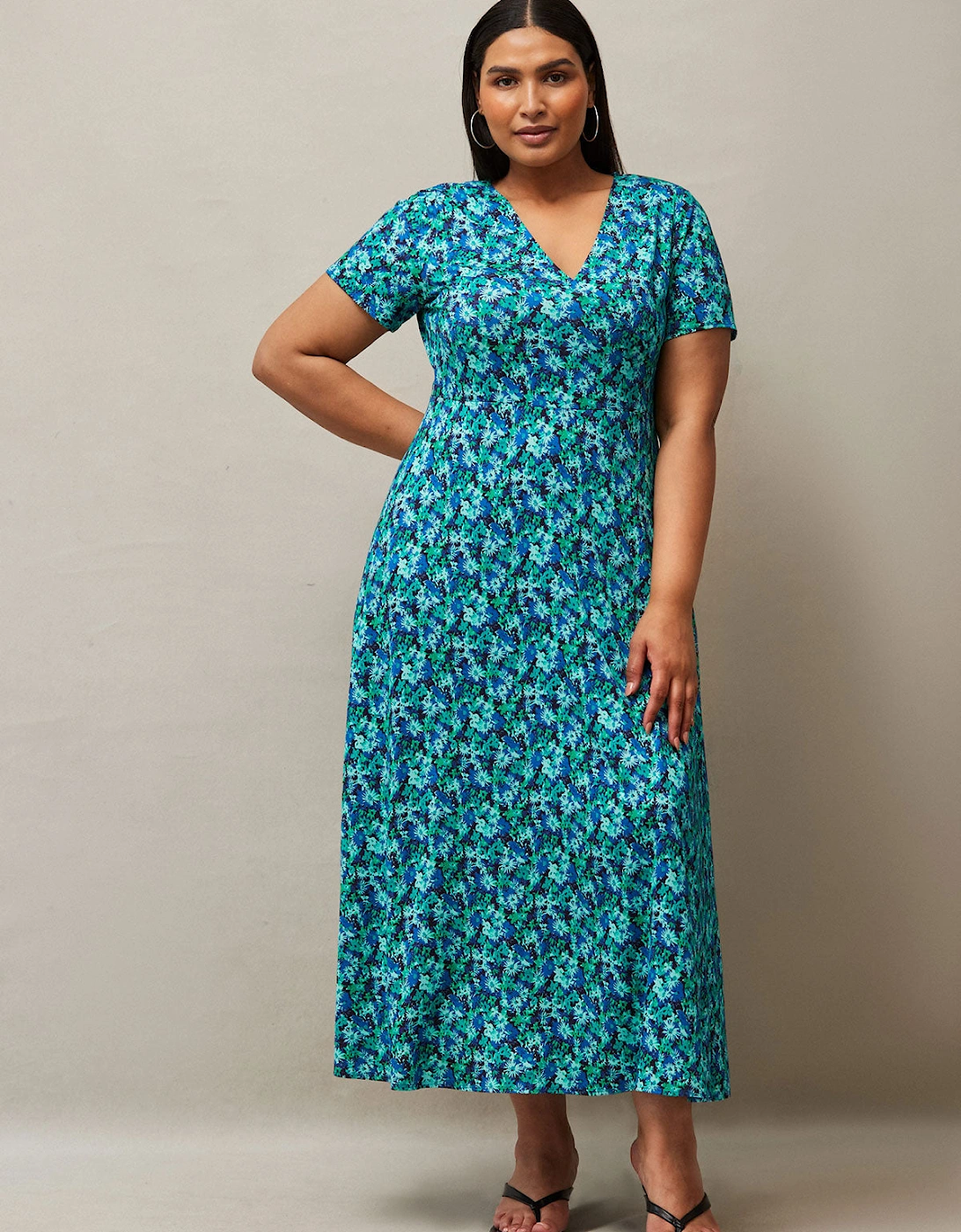 Blue Ditsy Print Wrap Midaxi Dress