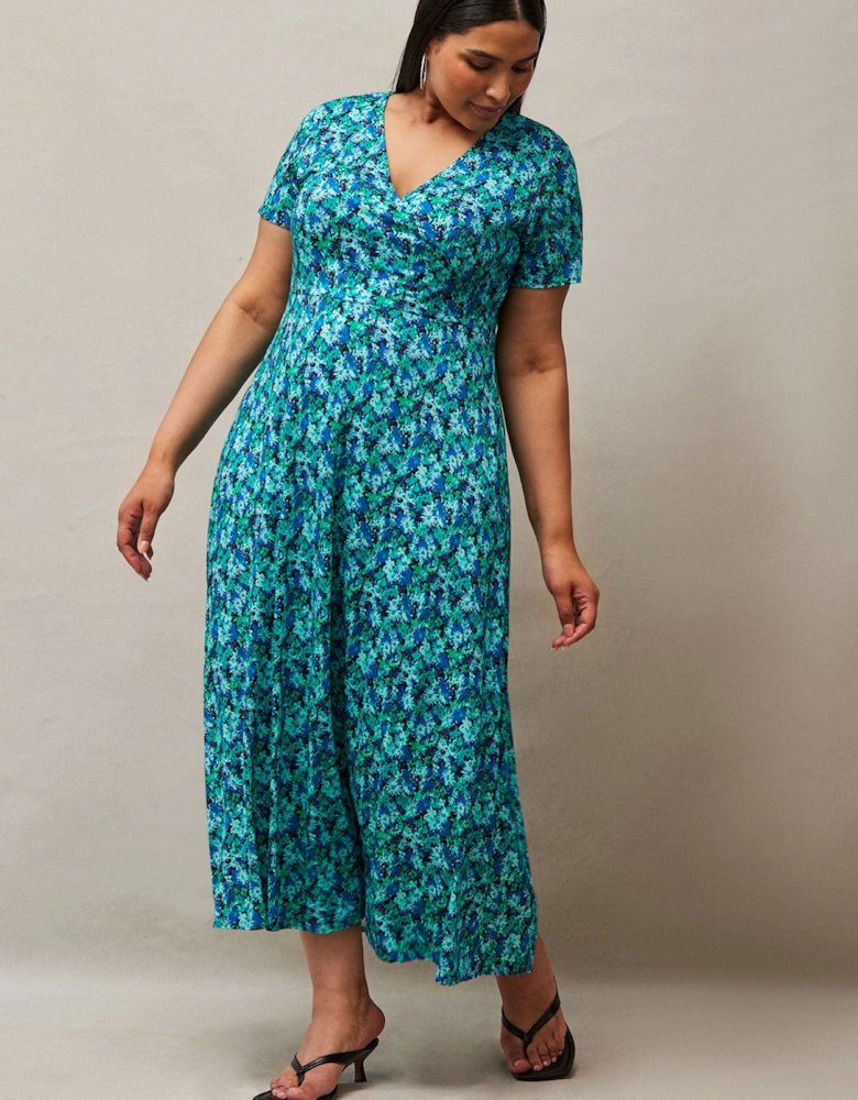 Blue Ditsy Print Wrap Midaxi Dress