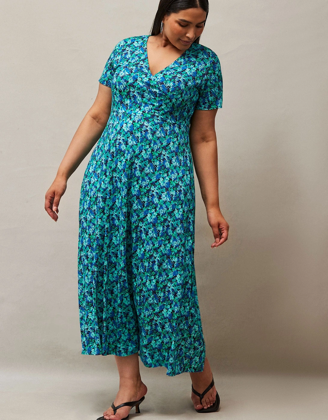 Blue Ditsy Print Wrap Midaxi Dress