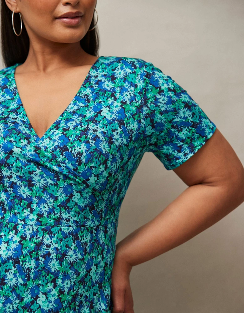 Blue Ditsy Print Wrap Midaxi Dress