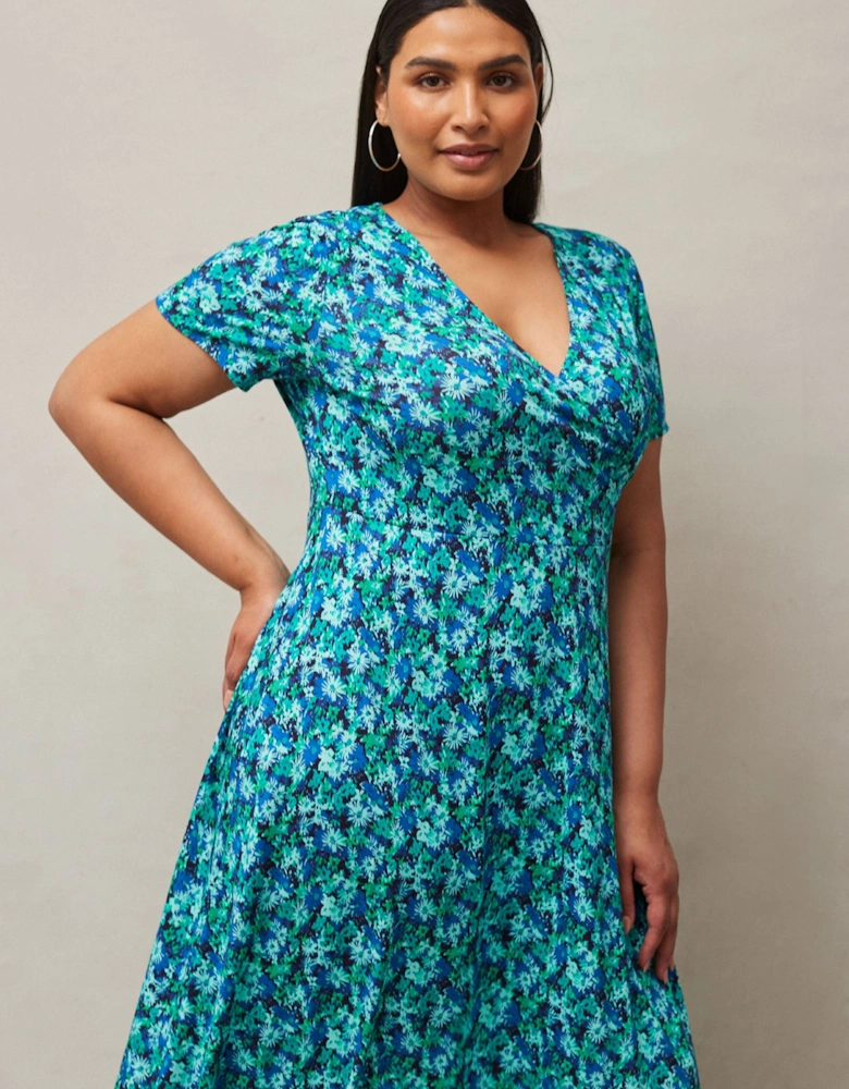 Blue Ditsy Print Wrap Midaxi Dress