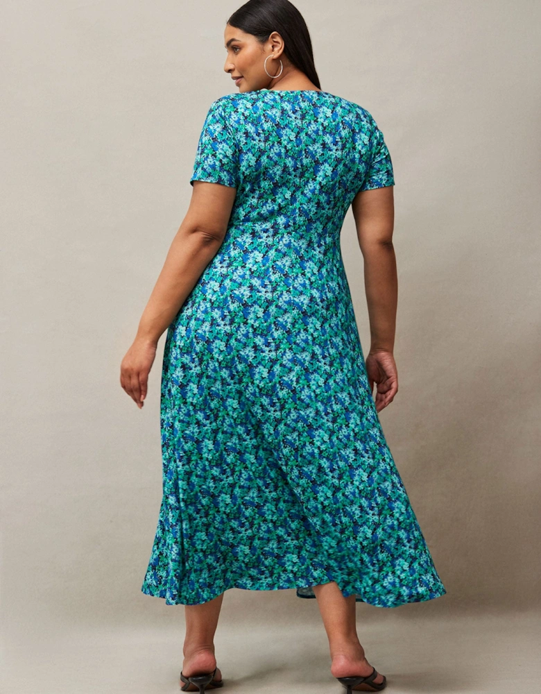 Blue Ditsy Print Wrap Midaxi Dress