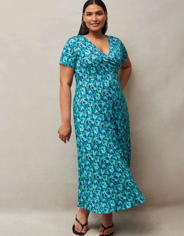 Blue Ditsy Print Wrap Midaxi Dress
