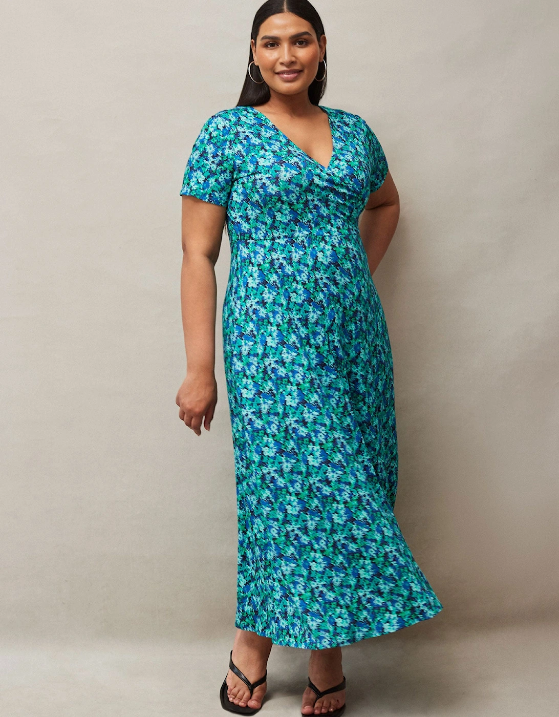 Blue Ditsy Print Wrap Midaxi Dress