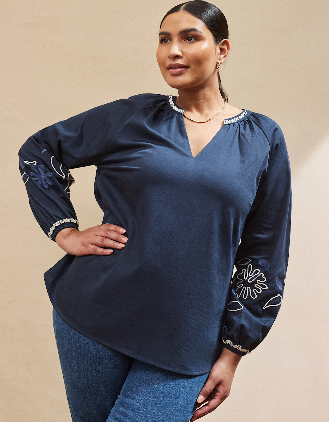 Navy Embroidered Blouse With Contrast Stitch Detail