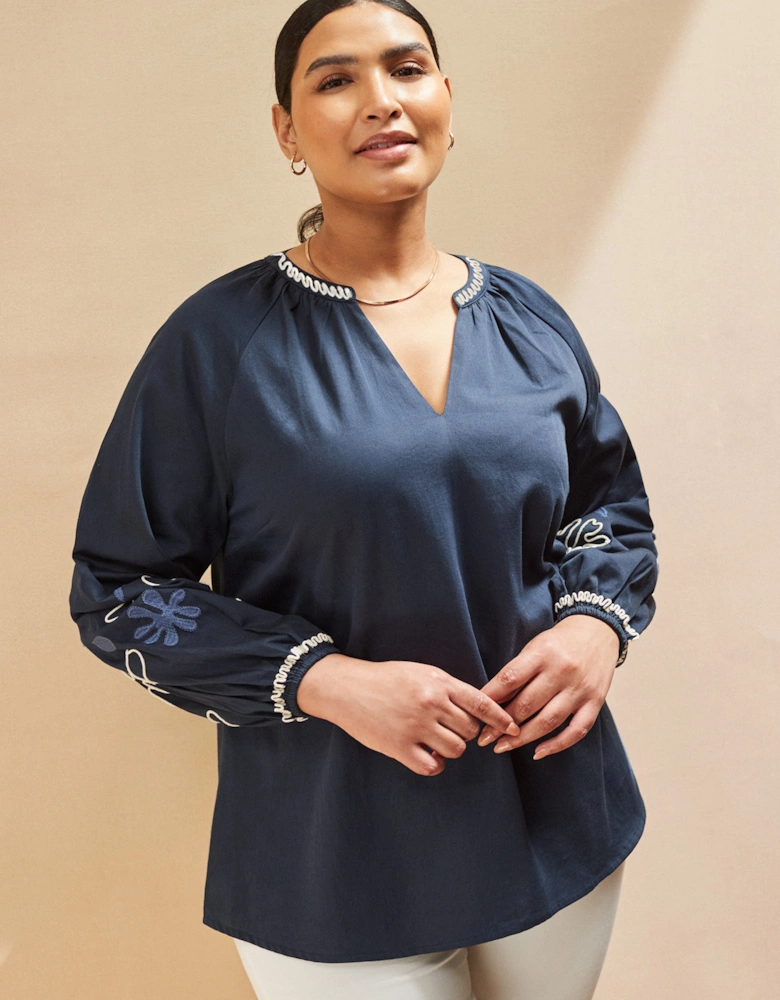 Navy Embroidered Blouse With Contrast Stitch Detail