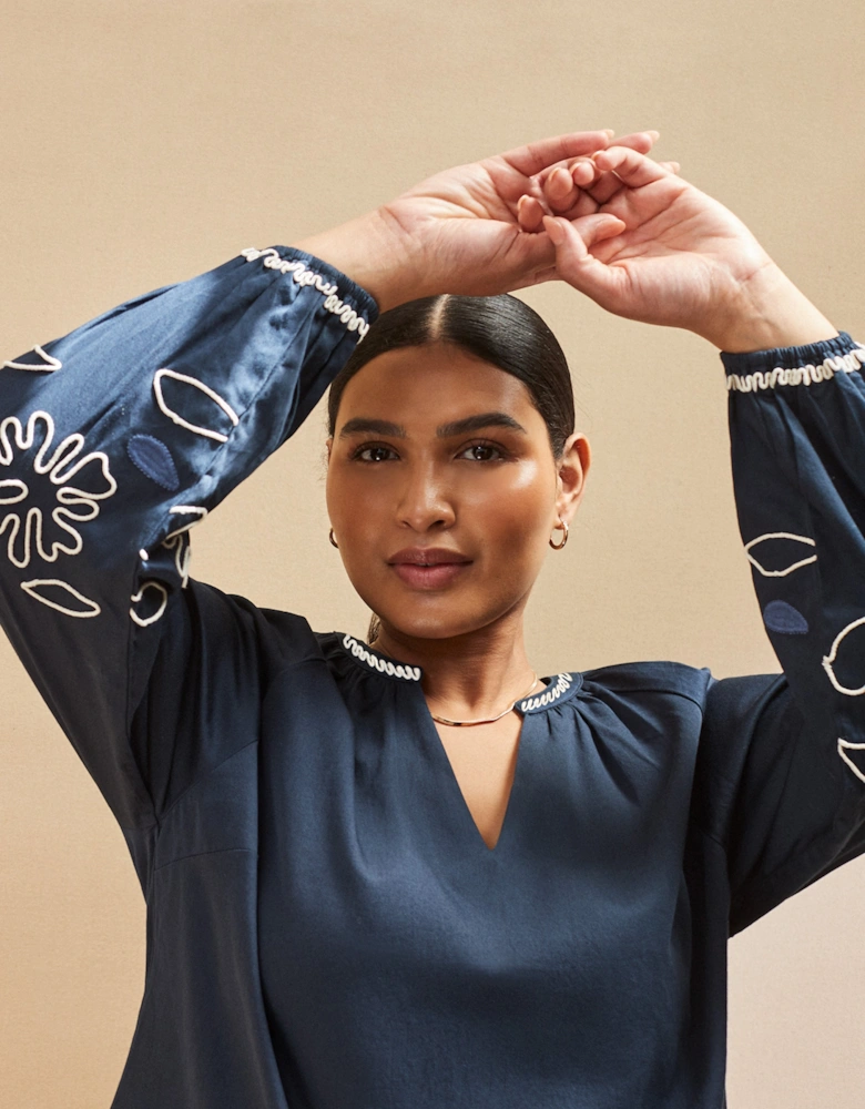 Navy Embroidered Blouse With Contrast Stitch Detail