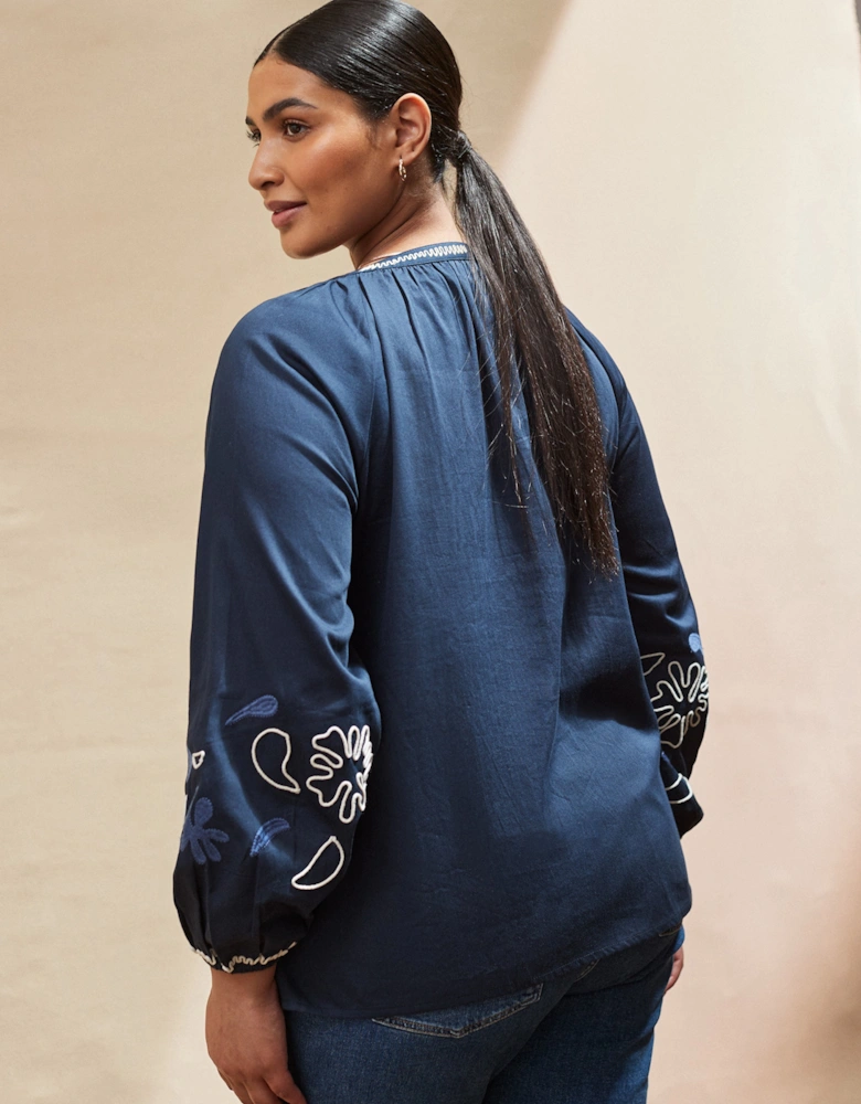 Navy Embroidered Blouse With Contrast Stitch Detail