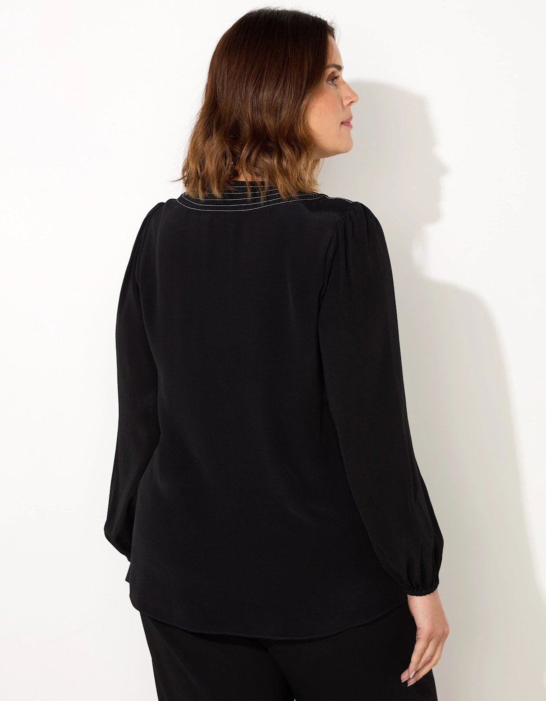Black V-Neck Contrast Stitch Blouse