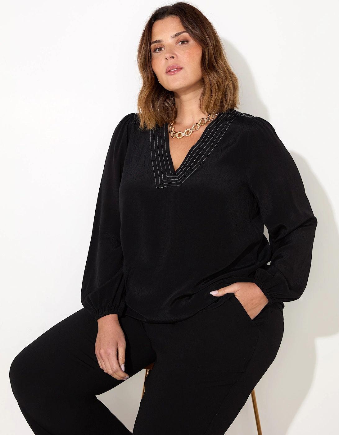 Black V-Neck Contrast Stitch Blouse