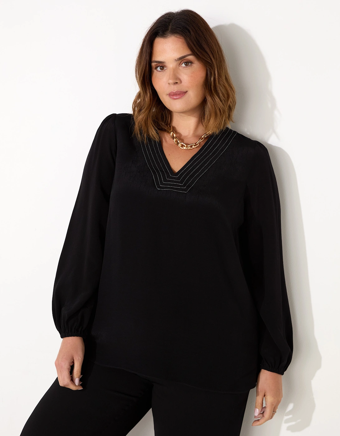 Black V-Neck Contrast Stitch Blouse