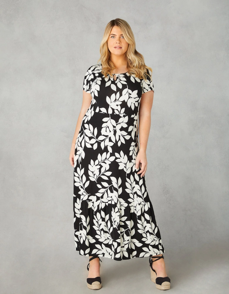 Mono Leaf Print Jersey Keyhole Maxi Dress