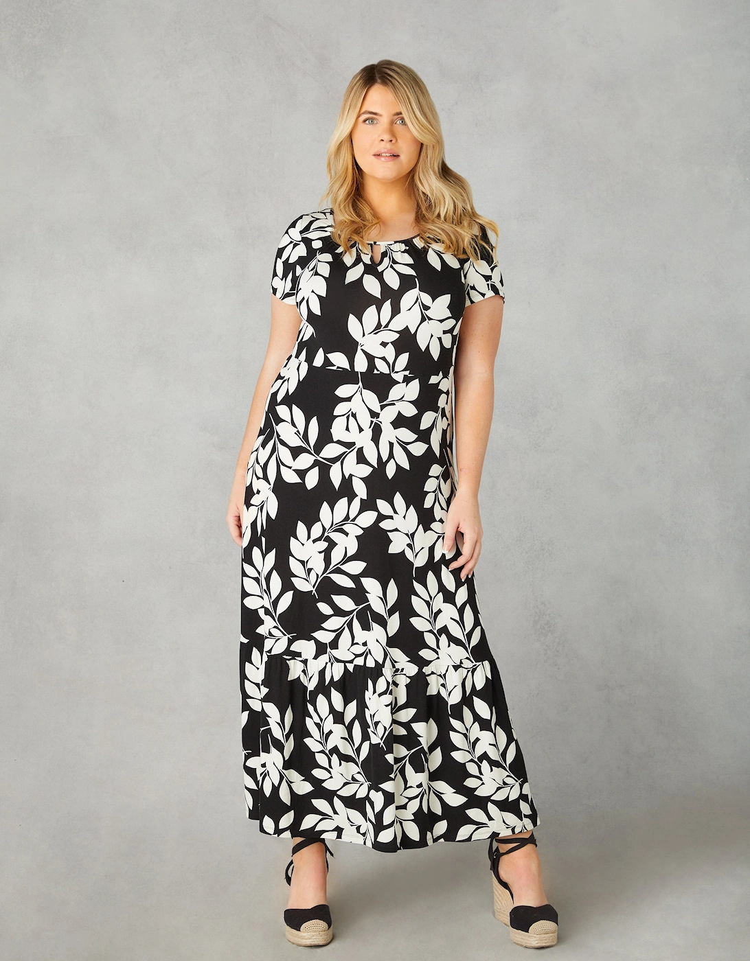 Mono Leaf Print Jersey Keyhole Maxi Dress