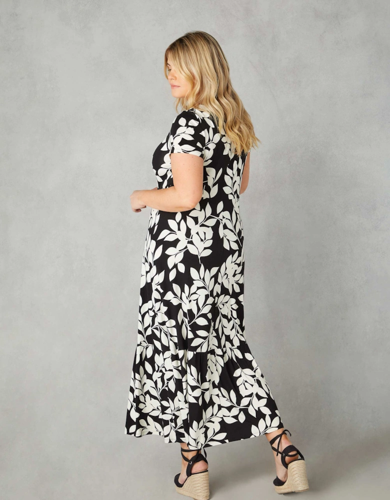 Mono Leaf Print Jersey Keyhole Maxi Dress