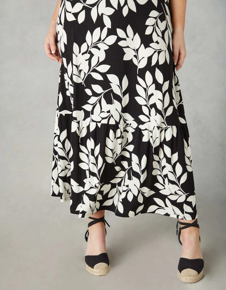 Mono Leaf Print Jersey Keyhole Maxi Dress