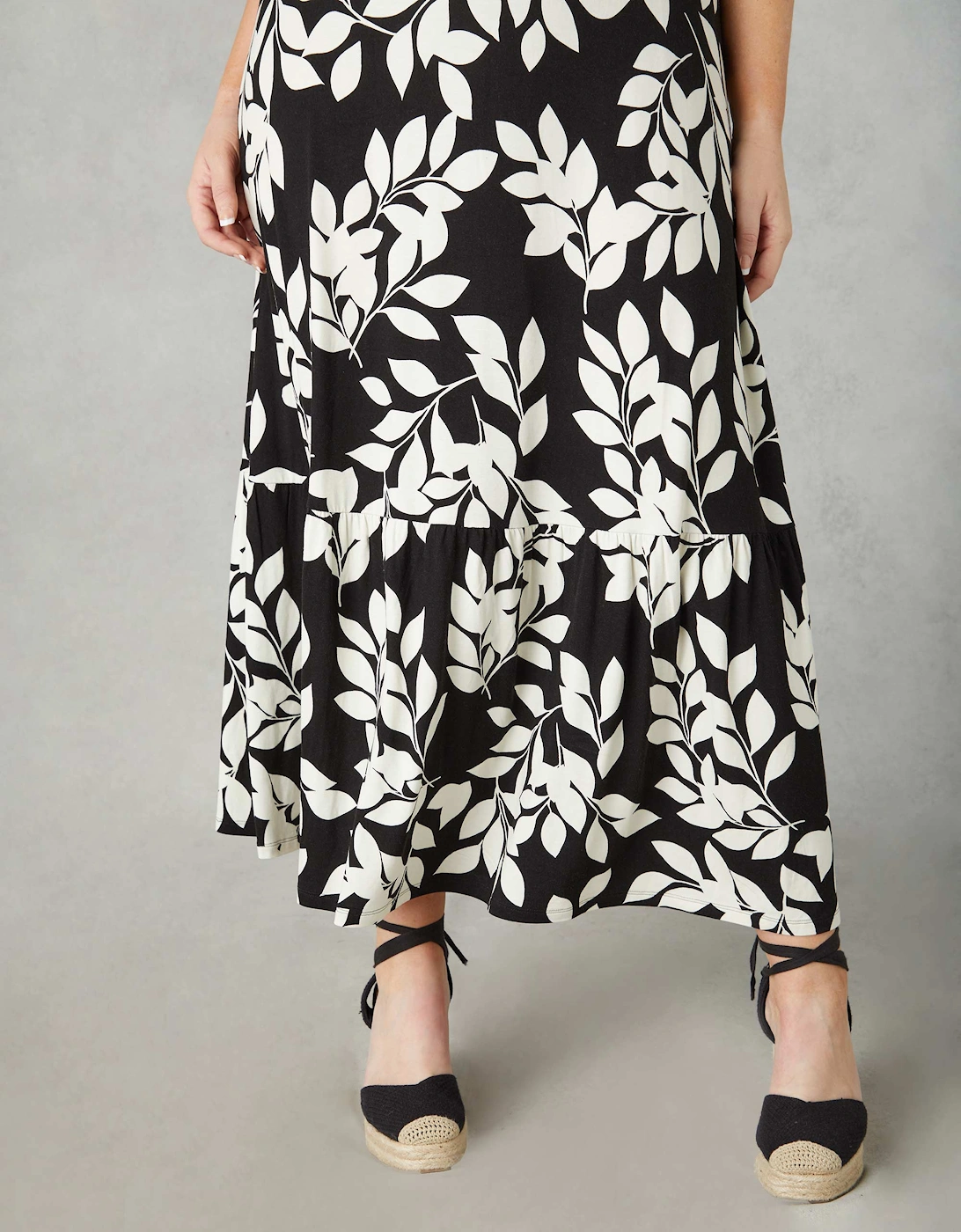 Mono Leaf Print Jersey Keyhole Maxi Dress