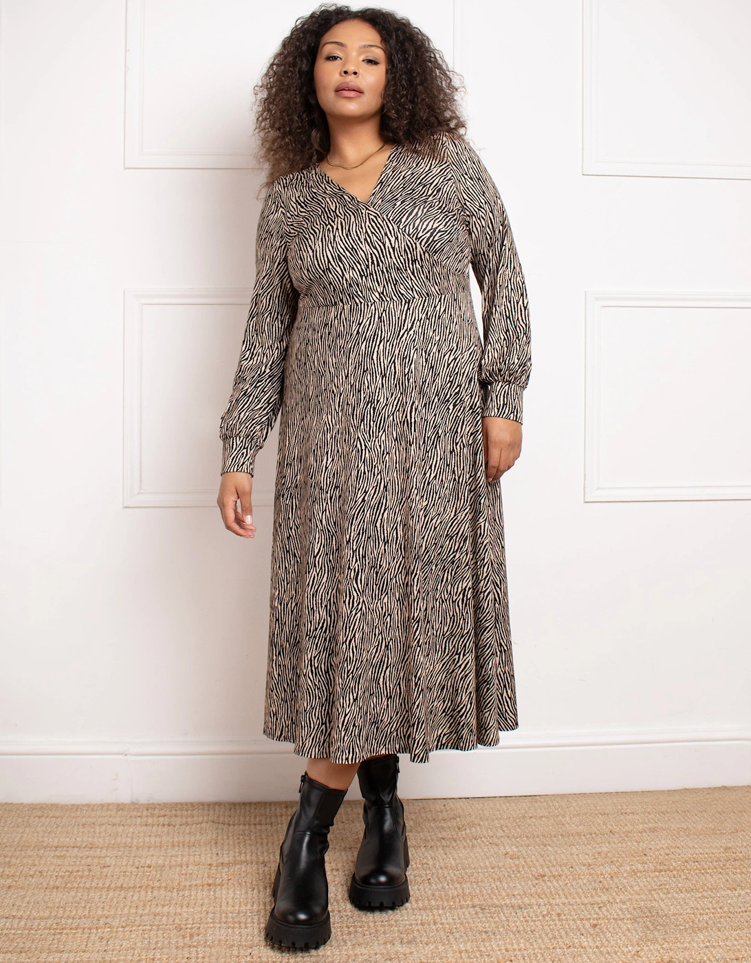 Petite Zebra Wrap Dress With Blouson Sleeves