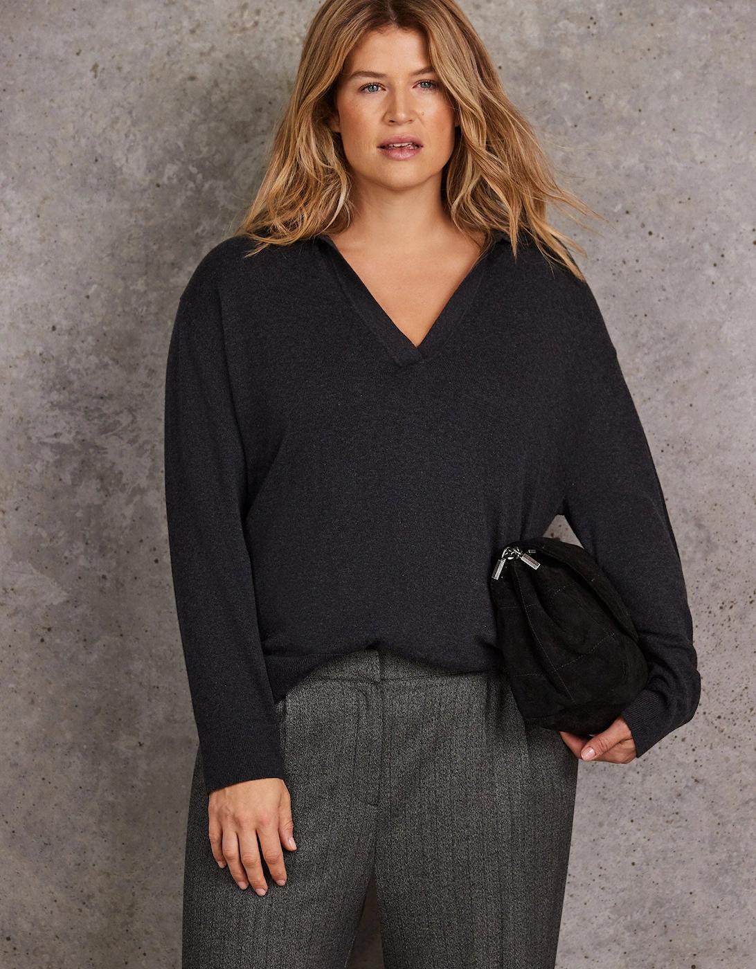 Grey Knitted Polo Neck Jumper With Cashmere