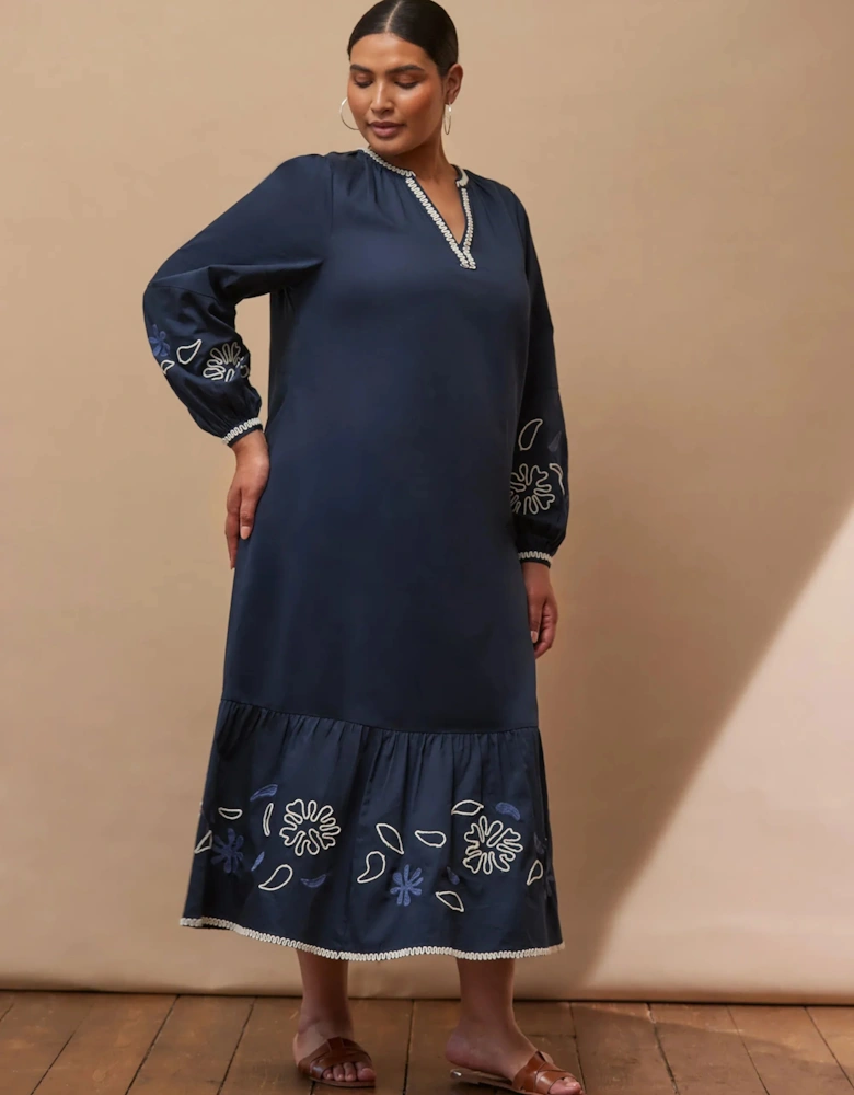 Navy Embroidered Midaxi Dress with Contrast Stitch Detail