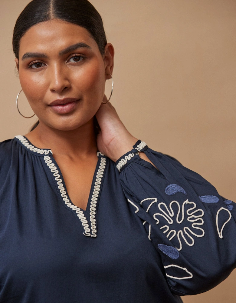 Navy Embroidered Midaxi Dress with Contrast Stitch Detail