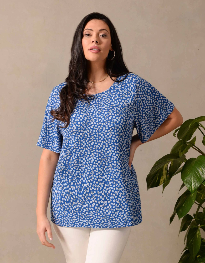Blue Ditsy Slash Neck Jersey T-Shirt