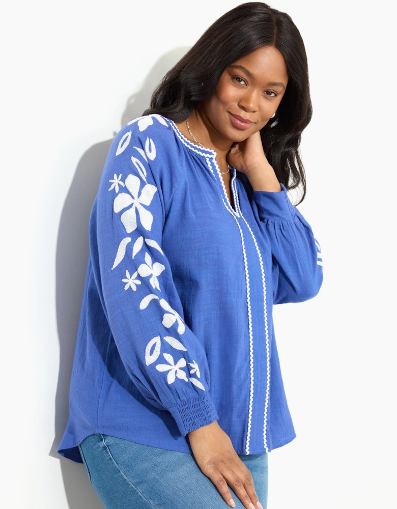 Blue Embroidered Relaxed Blouse