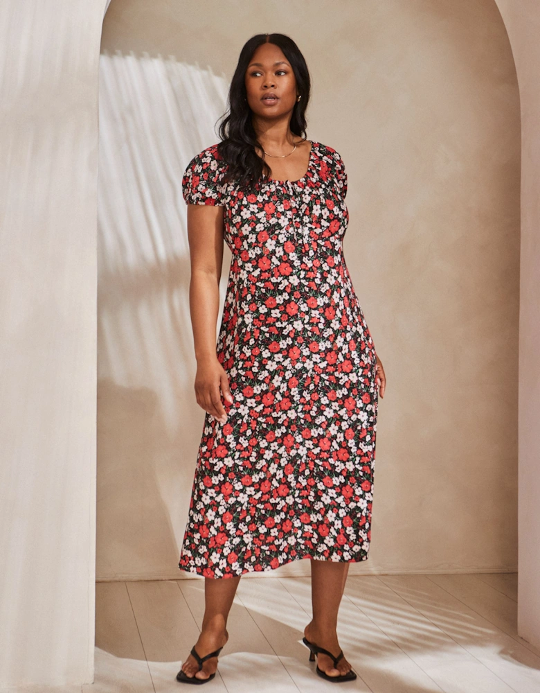 Red Floral Gathered Neck Midi Dress