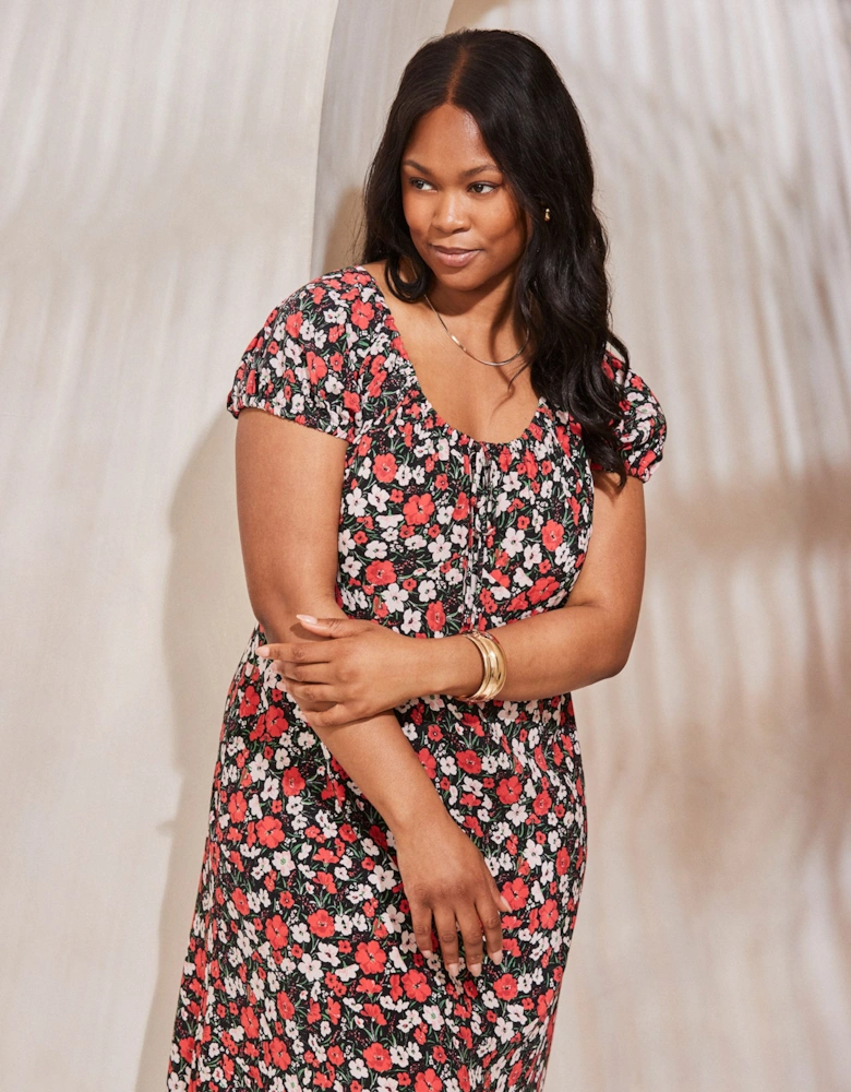 Red Floral Gathered Neck Midi Dress