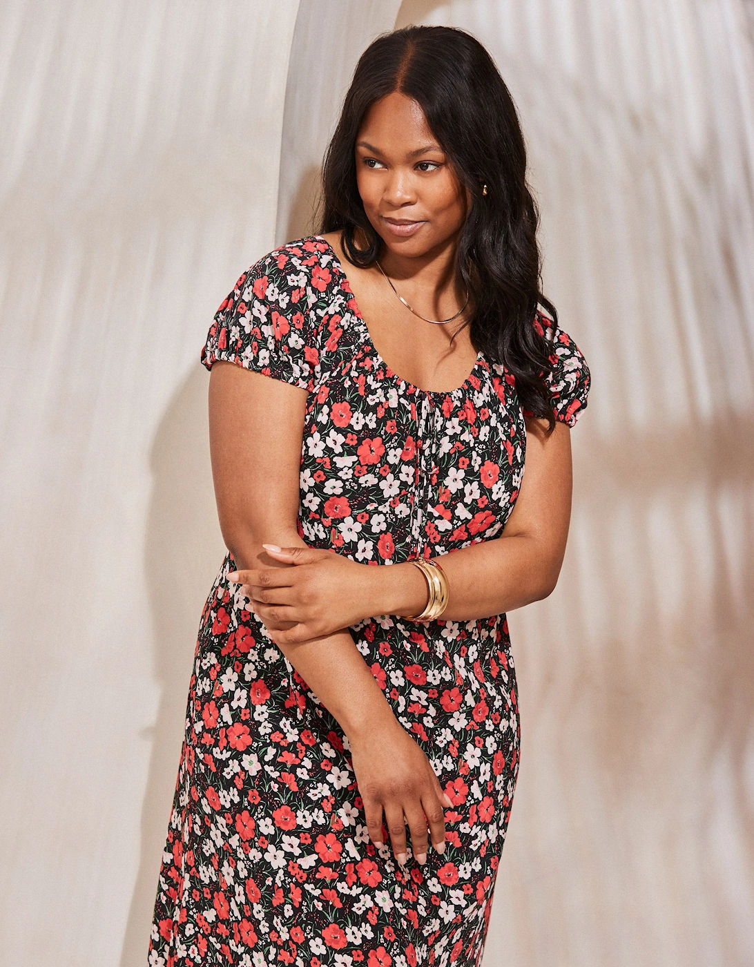 Red Floral Gathered Neck Midi Dress