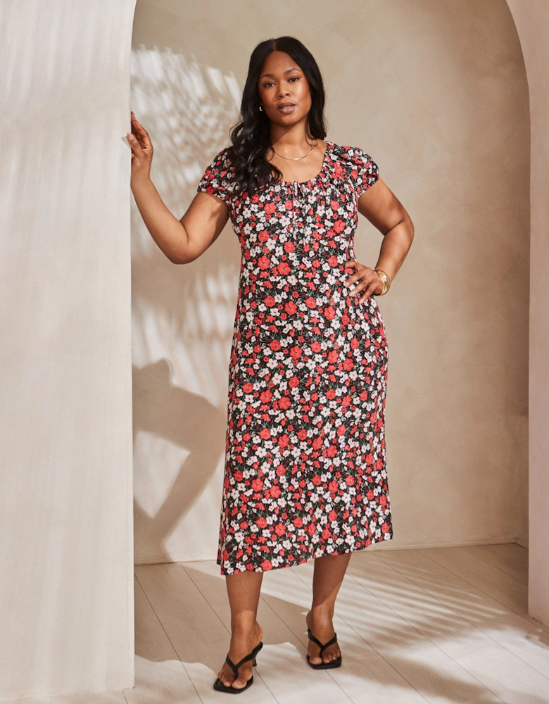 Red Floral Gathered Neck Midi Dress