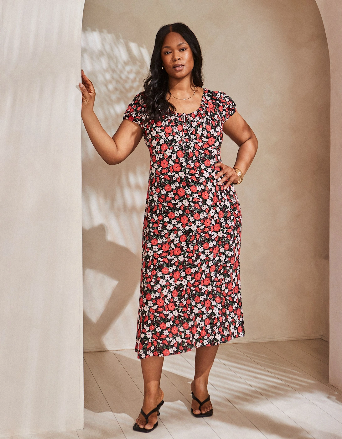 Red Floral Gathered Neck Midi Dress