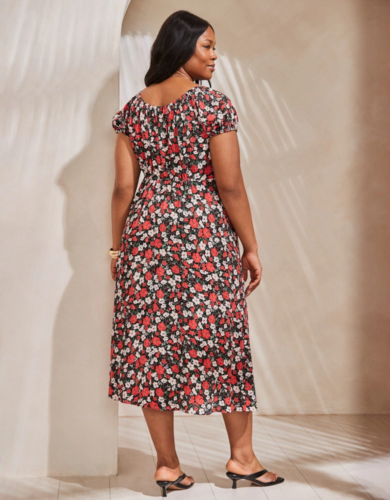 Red Floral Gathered Neck Midi Dress