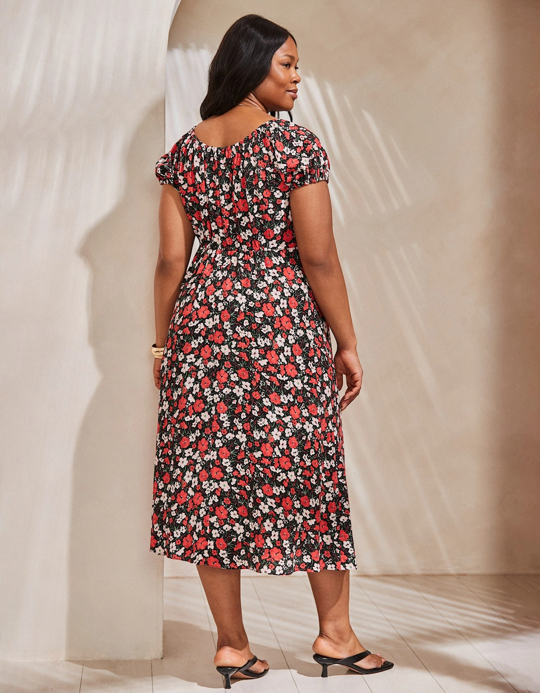 Red Floral Gathered Neck Midi Dress
