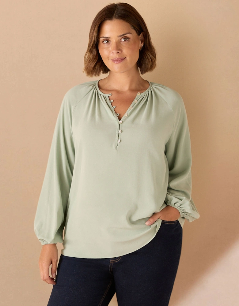 Sage Button Front Raglan Sleeve Blouse