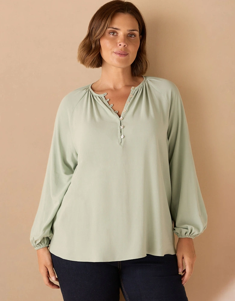 Sage Button Front Raglan Sleeve Blouse