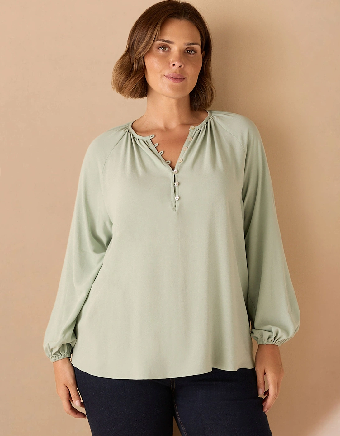 Sage Button Front Raglan Sleeve Blouse