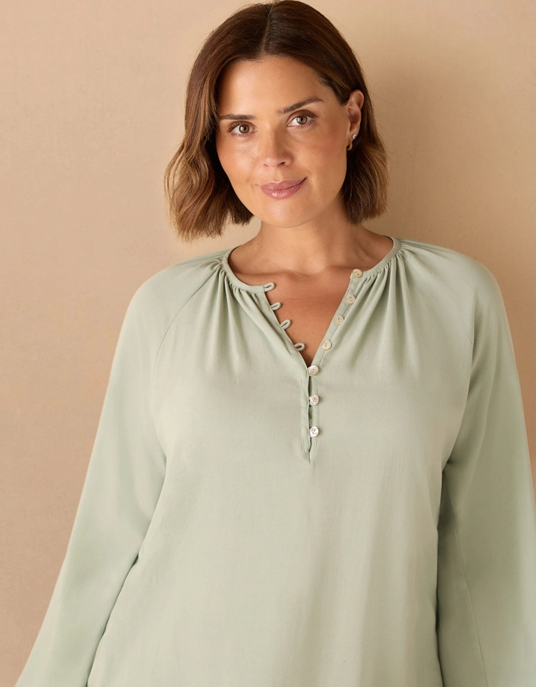 Sage Button Front Raglan Sleeve Blouse