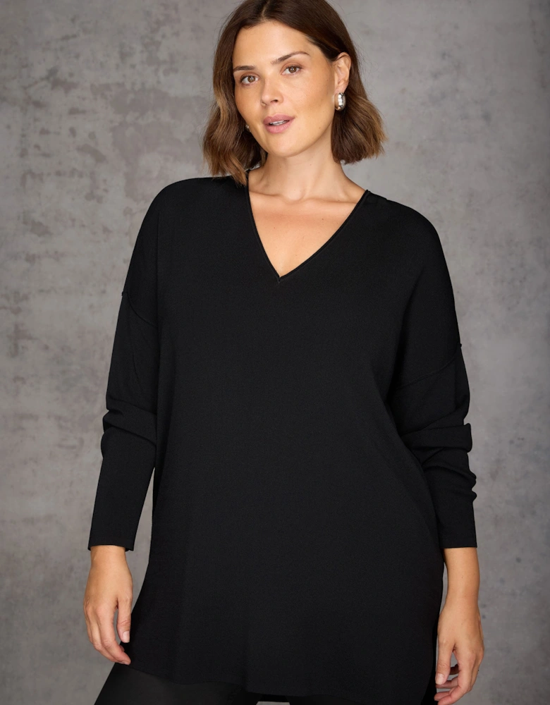 Black Ribbed Detail V Neck Knit Tunic