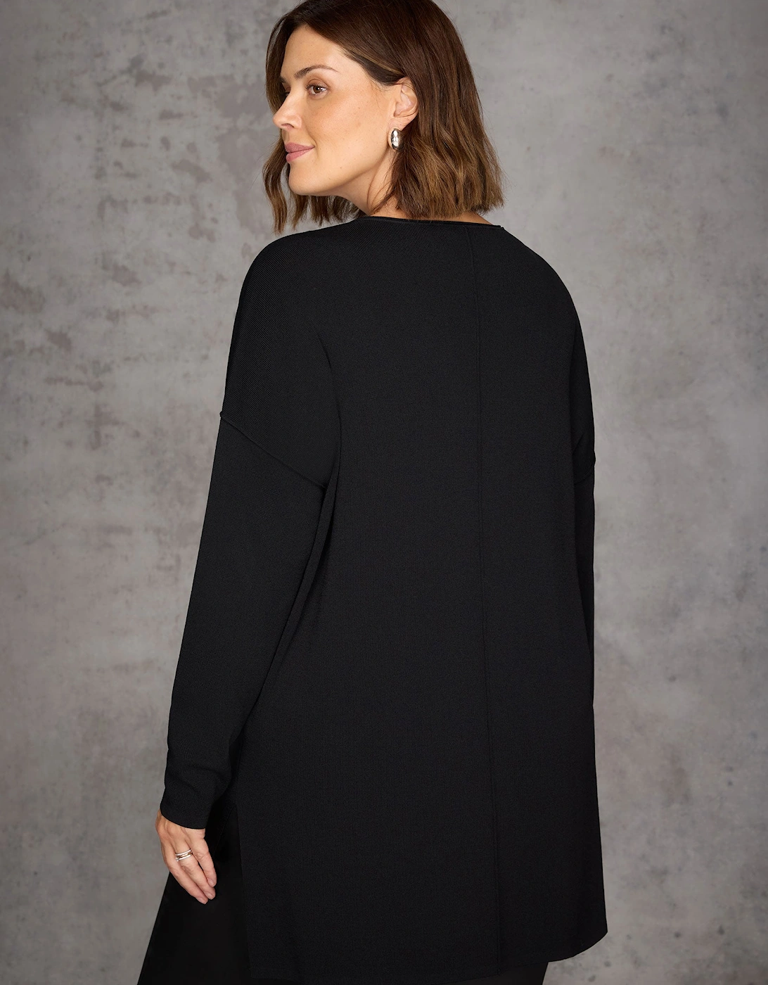 Black Ribbed Detail V Neck Knit Tunic