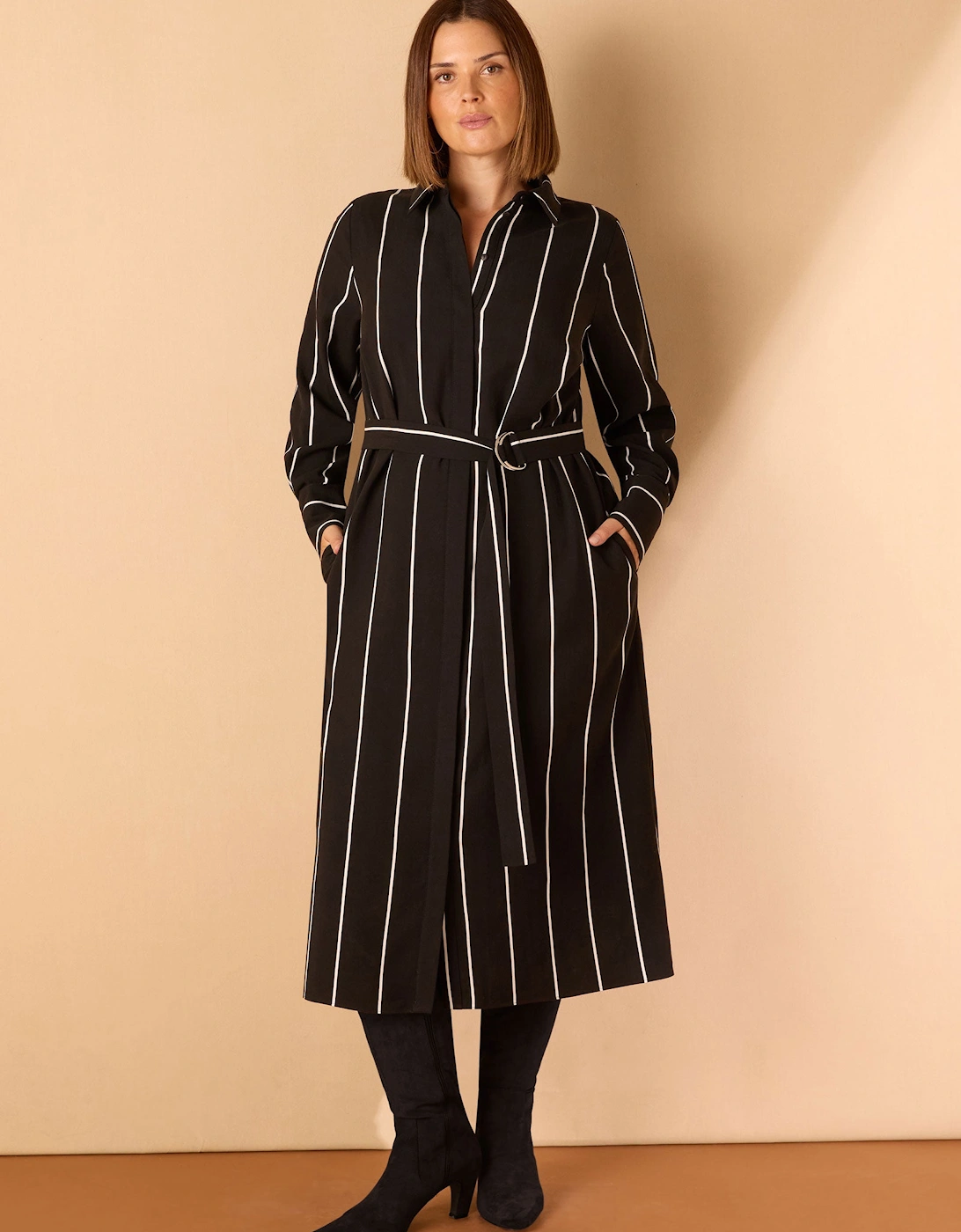 Black Contrast Stripe Belted Midaxi Shirt Dress
