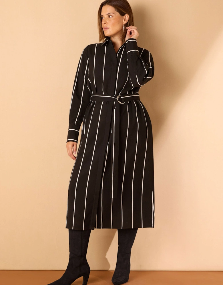 Black Contrast Stripe Belted Midaxi Shirt Dress